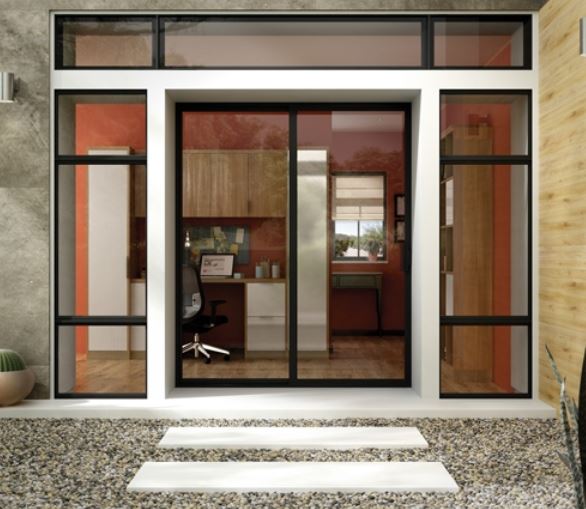 Aluminum-framed glass windows and sliding door on modern home facade, Simi Valley, CA
