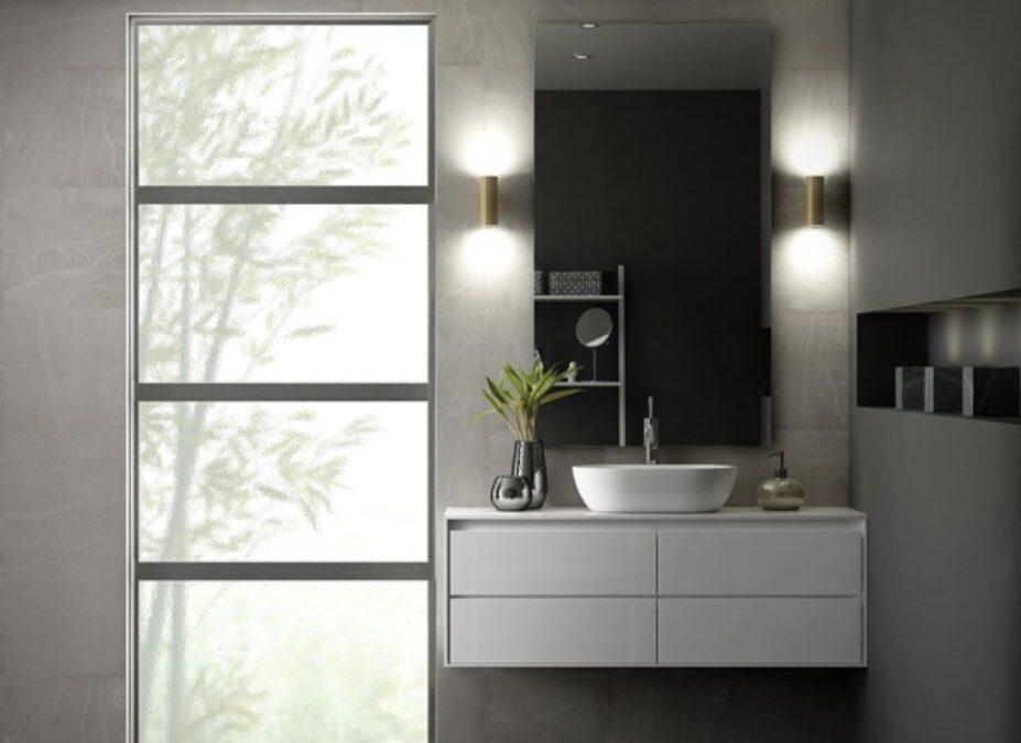 Modern bathroom with sleek aluminum window framing, replacement windows Ventura, CA