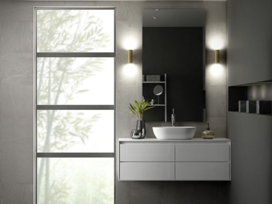 Modern bathroom with sleek aluminum window framing, replacement windows Ventura, CA