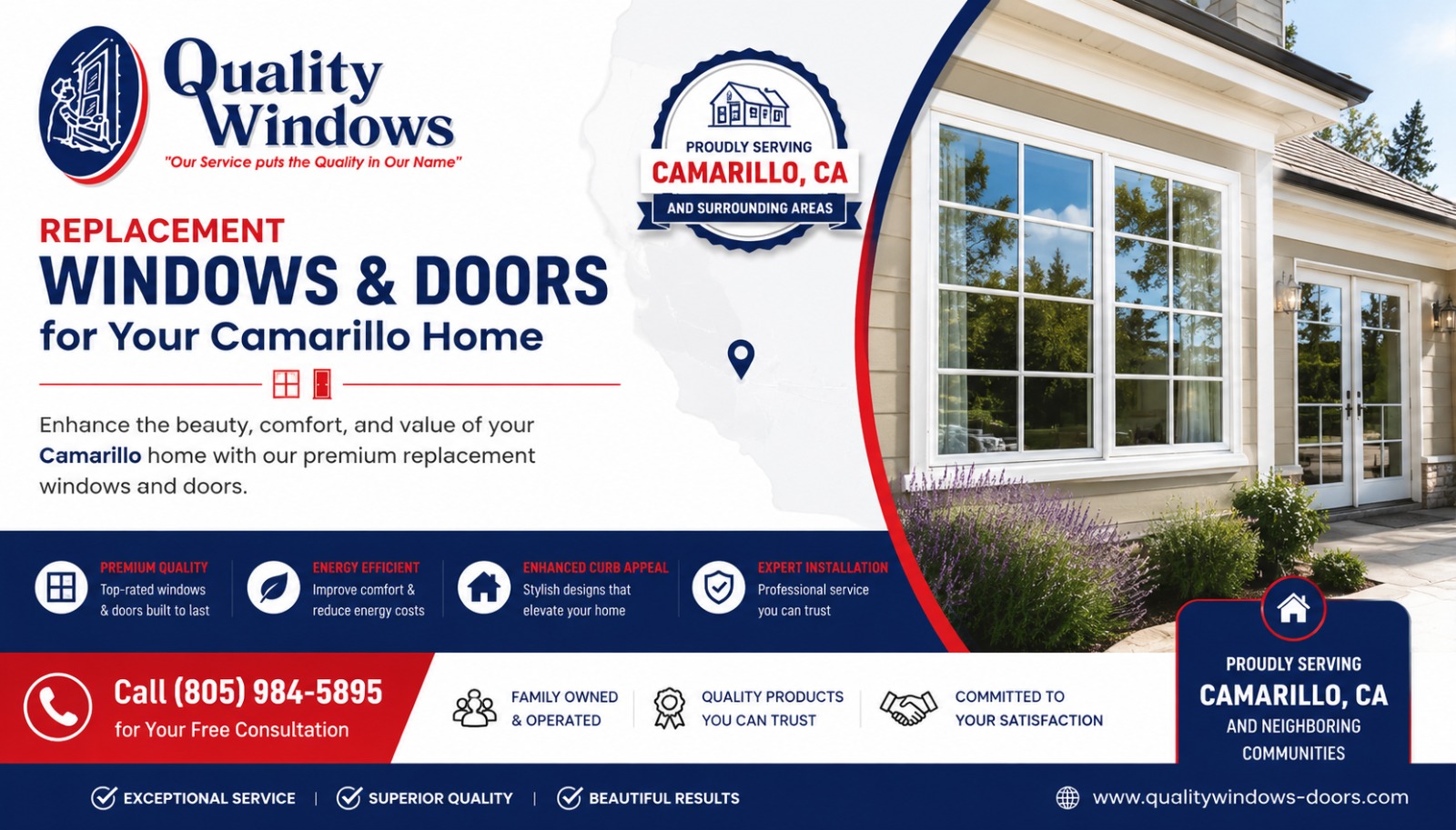 Quality Windows replacement windows and doors in Camarillo CA featuring energy-efficient upgrades, expert installation, premium products, and free consultation.