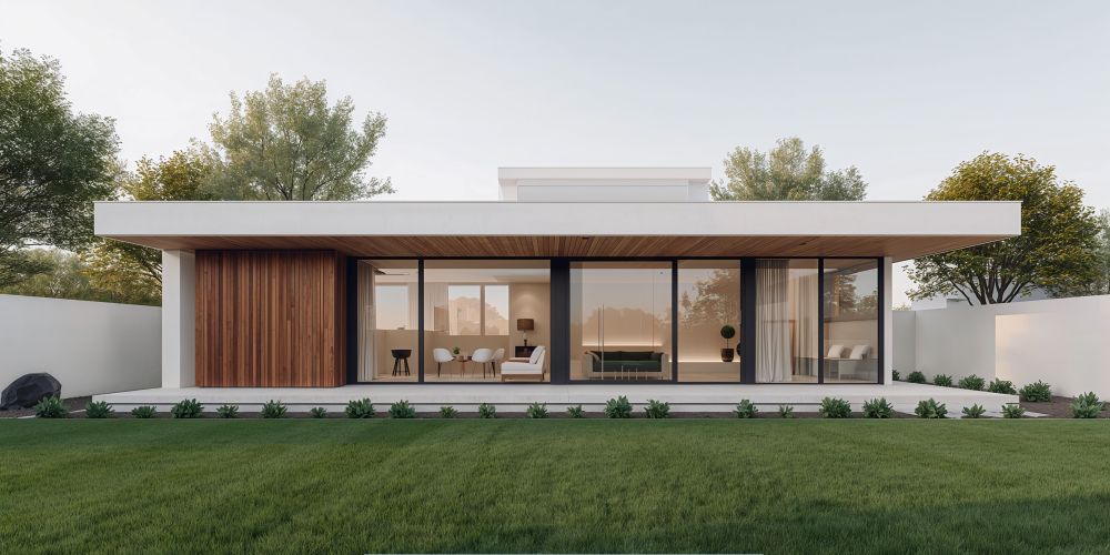 Modern single-story home featuring large floor-to-ceiling replacement windows and sliding glass doors, showcasing energy-efficient glass, sleek black frames, and a seamless indoor-outdoor living design.
