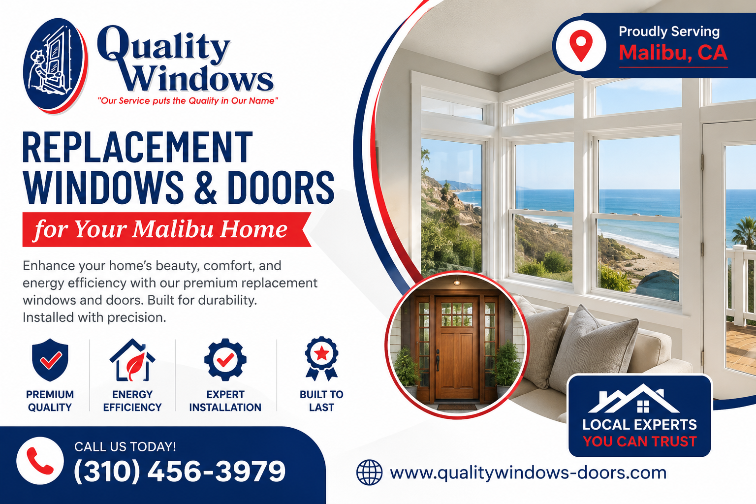 Quality Windows providing replacement windows and doors in Malibu CA featuring energy-efficient products, expert installation, and beautiful ocean-view home upgrades.